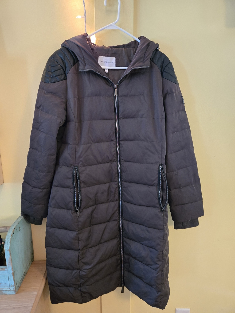 BCBGeneration Long Quilted Hooded Coat - Dark Olive Green